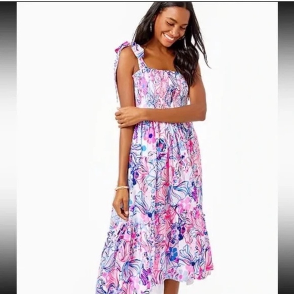 Lilly Pulitzer Rivera Pink and Blue Smocked Dress in Bermuda Blue